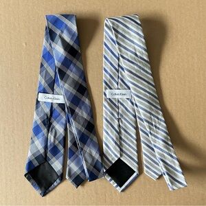 Two Calvin Klein Men’s Silk Tie Blue Tartan Plaid and Stripped Neckties Designer